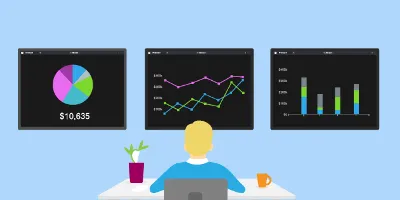 monitor displaying a line graph with Key performance indicator icons behind